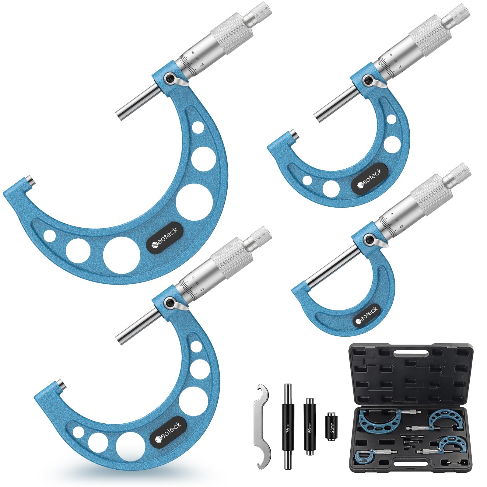 Neoteck Micromètre Extérieur Mécanique 0-100 mm – Kit 4 Pièces 0-25/25-50/50-75/75-100 mm Précision 0,01 mm avec Cliquet, Faces en Carbure, Ét alons 25/50/75 mm – Pour Usinage & Atelier Professionnel