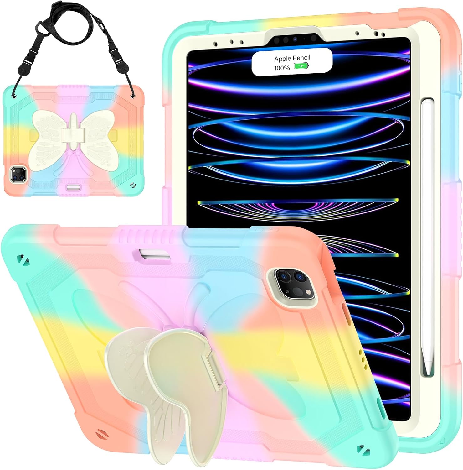 HOGENL for iPad Pro 11 inch Case for Kids Girl with Pencil Holder,for iPad Air 5th/4th Generation Case 10.9" with Butterfly Stand Shoulder Strap Protective Cover for pro 11 4th/3rd/2nd/1st, Colourful