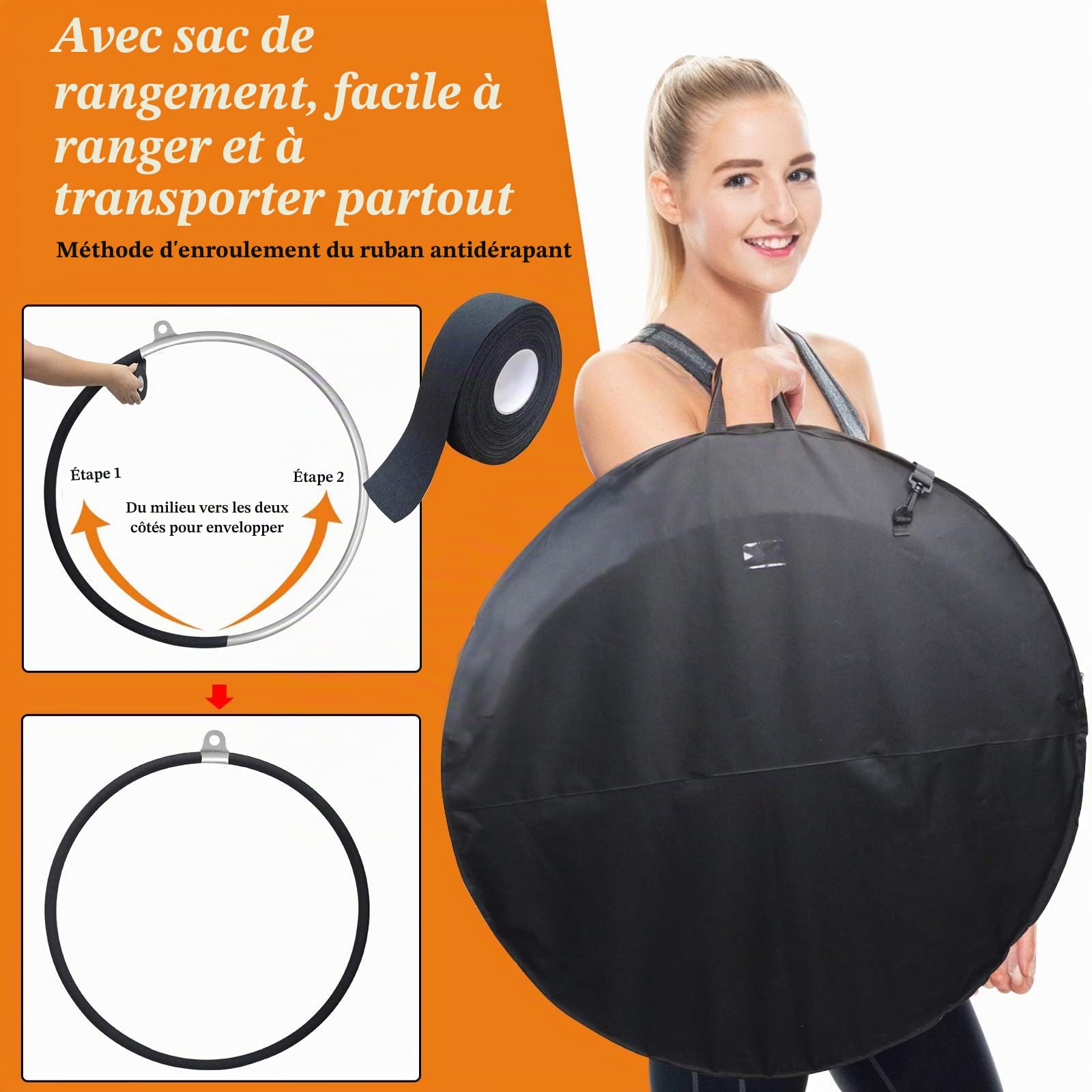 DASKING Cerceau aérien de 85 cm/90 cm, entièrement testé, 226,8 kg, équipement aérien de Cirque à Point Unique, Cerceau de Yoga avec Accessoires et Sac de Rangement