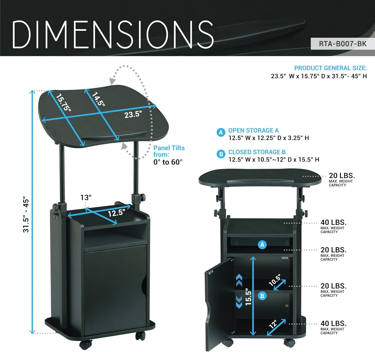 Techni Mobili Adjustable Laptop Cart with Storage, Rolling Mobile Workstation Desk with Cabinet, Shelf & Locking Wheels. Height Adjustable Sit to Stand for Home Office, Bedside, or Classroom (Black)
