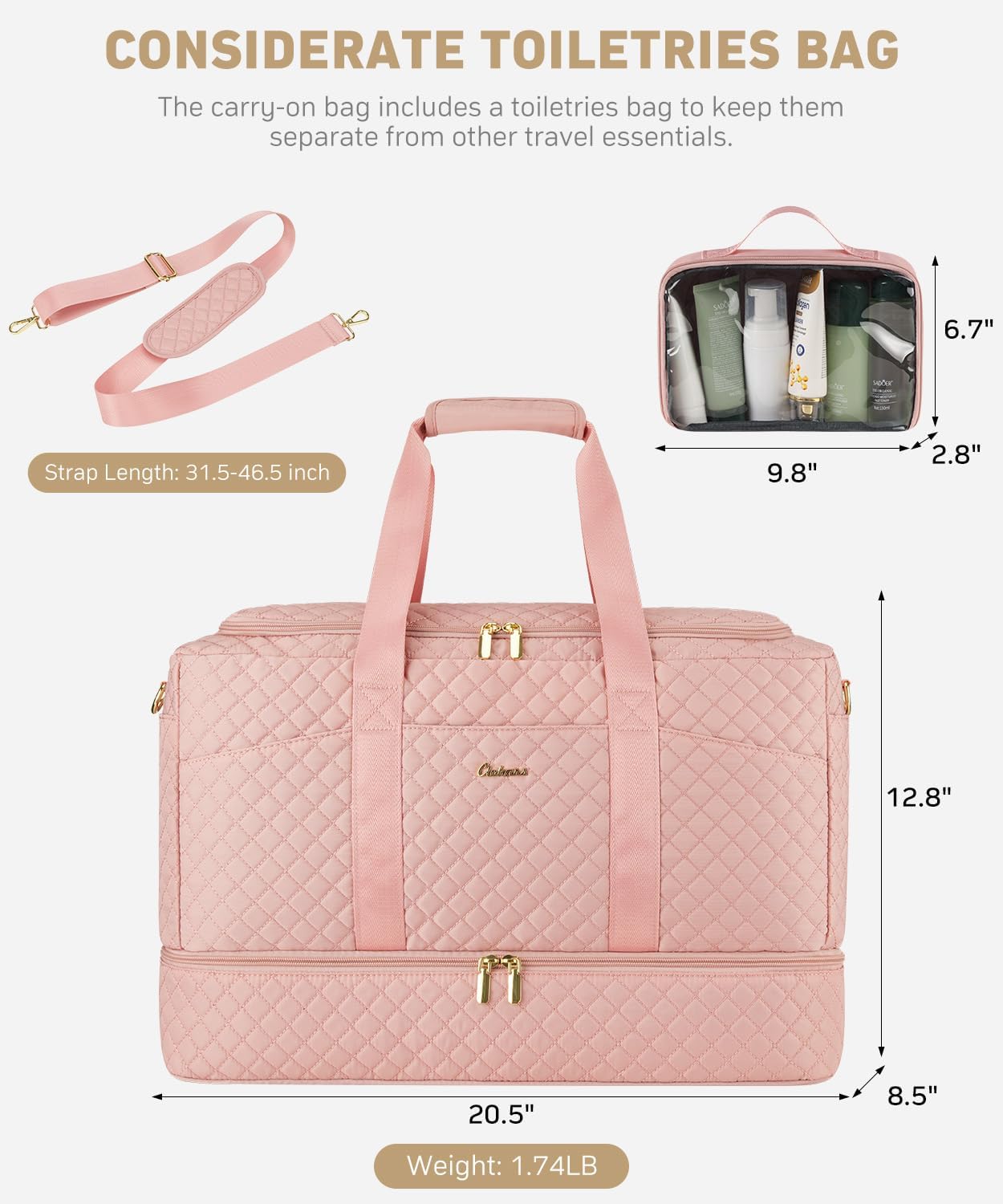 Duffle Bag for Travel, Weekender Bag with Shoe Compartment, Carry On Overnight Bag for Women with Toiletry Bag Duffel Bags with Wet Pocket for Gym Hospital Bags for Labor and Delivery Pink