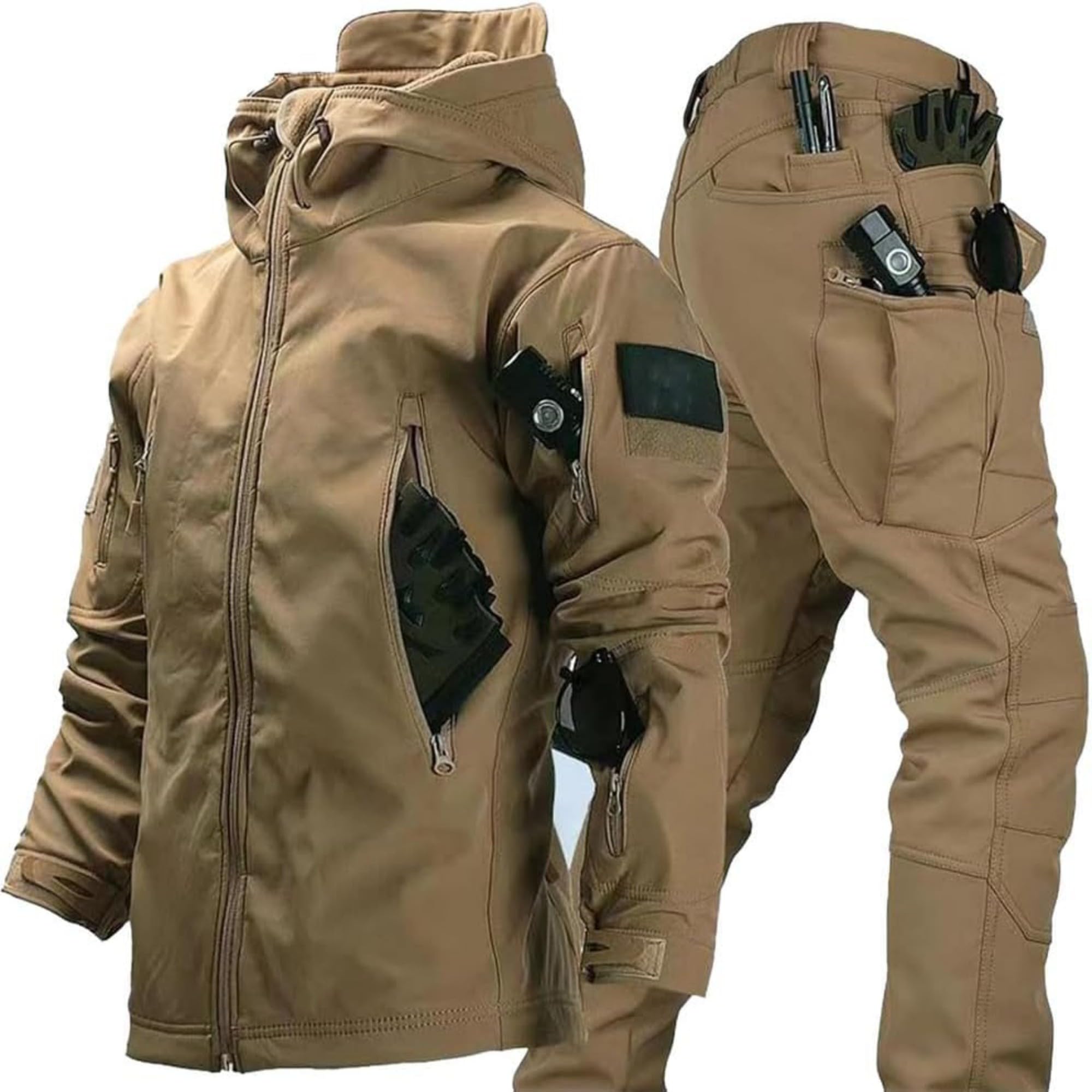 Taktischer Anzug Herren Set Jacke+Hose, Wasserabweisend, für Jagd Airsoft | robuste Qualität, winddicht, 16 Taschen (6+10), wasserabweisend 5000MM, für Militär Training Paintball Camping Angeln