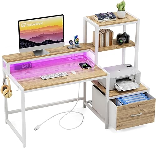 Miniatura 11 de GreenForest Escritorio de oficina con tomas de corriente y estante para impresora, escritorio de computadora de 59 pulgadas con LED y cajón,