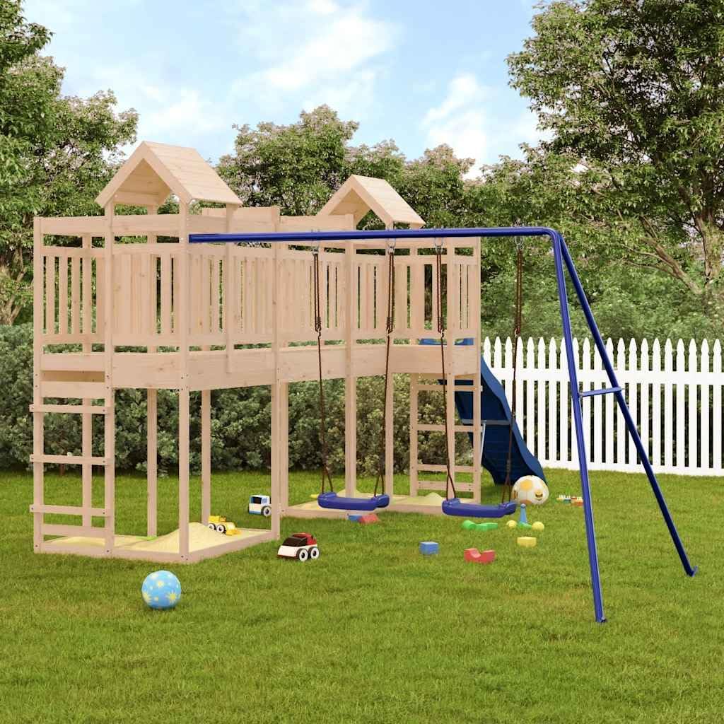 Outdoor Playset Natural Wood Solid Pine Wood Large with Wavy Slide and Double Swings for 4 Kids, Durable Backyard Playground Equipment and Rustic Garden Activity Center