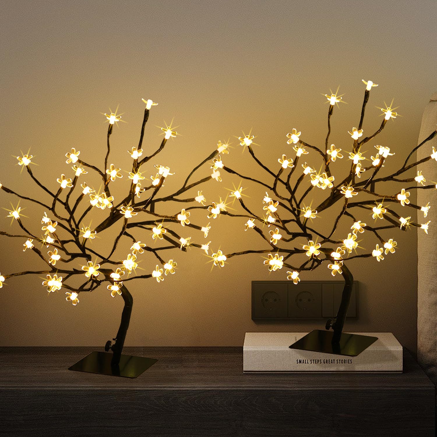 JoyHue 2PK Cherry Blossom Tree Lights,Artificial Bonsai Tree with 48 Warm White Led Lights, 16.2 Inch Prelit Cherry Blossom Lamp for Christmas Party Wedding Gift Home Tabletop Decoration