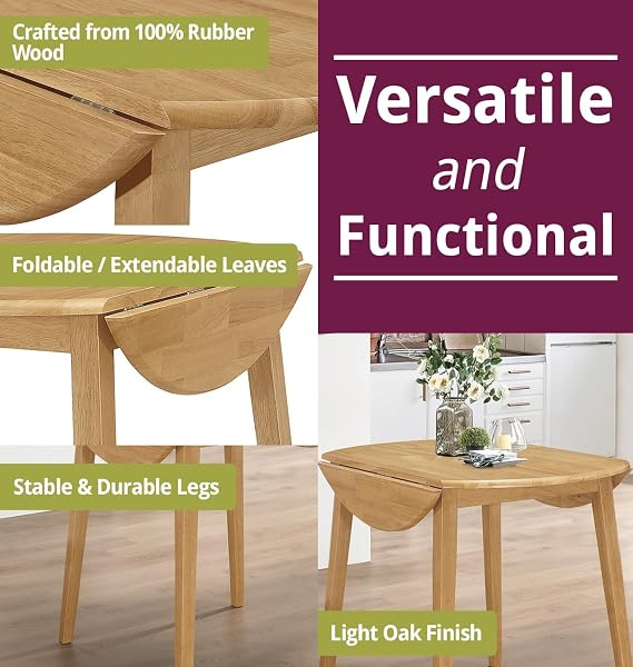 Hallowood Furniture Ledbury Round Drop Leaf Dining Table and Chairs Set 4 | 61-92cm Light Oak Dinner Set for 4 Table and Chairs with Cream Fabric Seats, Wooden Dining Room Furniture for Home or Cafe