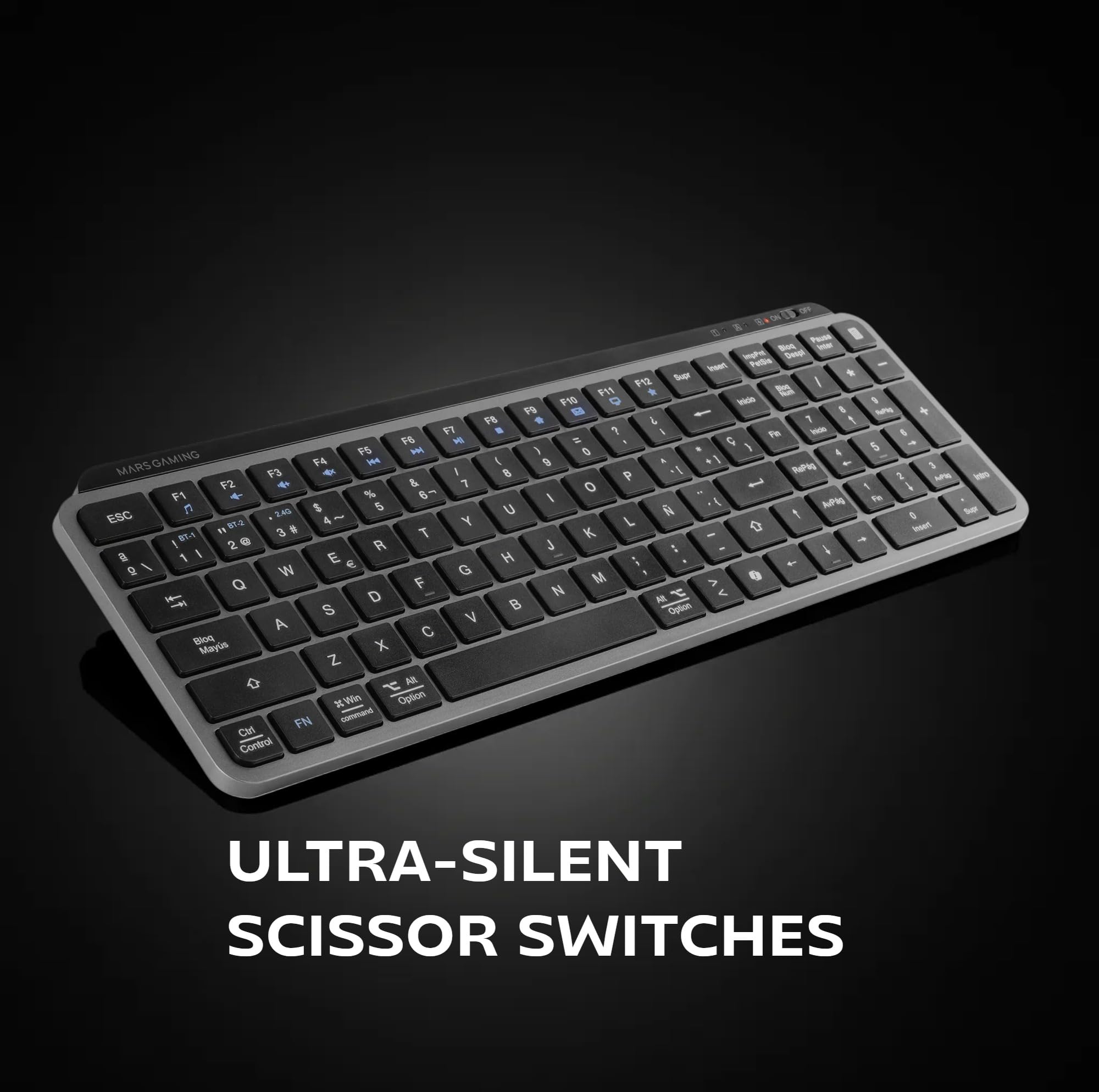 Mars Gaming MK-SILENKEYS, Bezprzewodowa Kompaktowa Klawiatura Pełnowymiarowa, Niski Profil, Ciche Przełączniki Nożycowe, Copilot AI, Bluetooth 5.1 Dual + 2.4GPRO, 200h, PC/Mac, Angielski US, Czarny