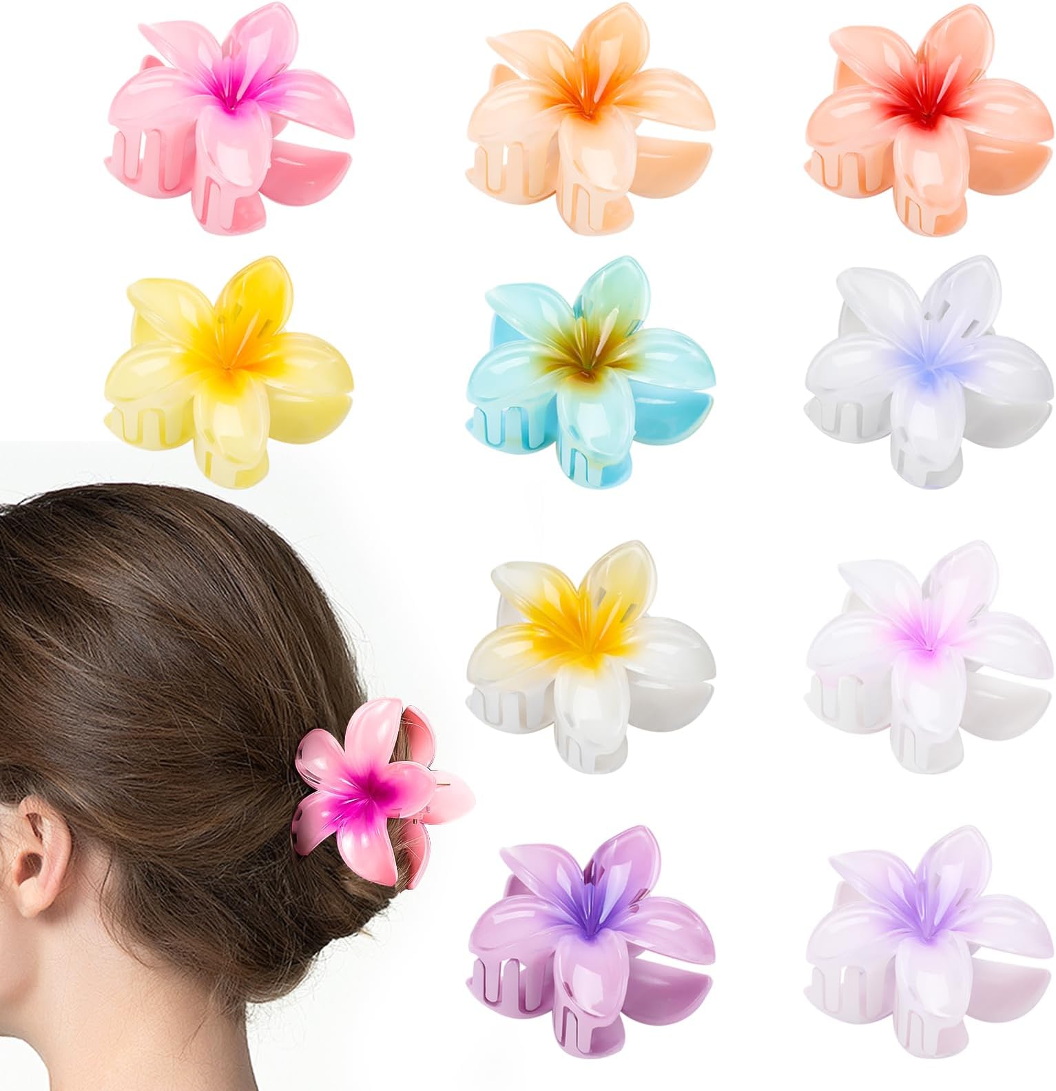 HAPTIME 10 Pack Flower Claw Clips for Women, Preppy Hair Clips, Plumeria Hair Clip, Hawaiian Flower Hair Clips, Gifts for Women Teen Girls