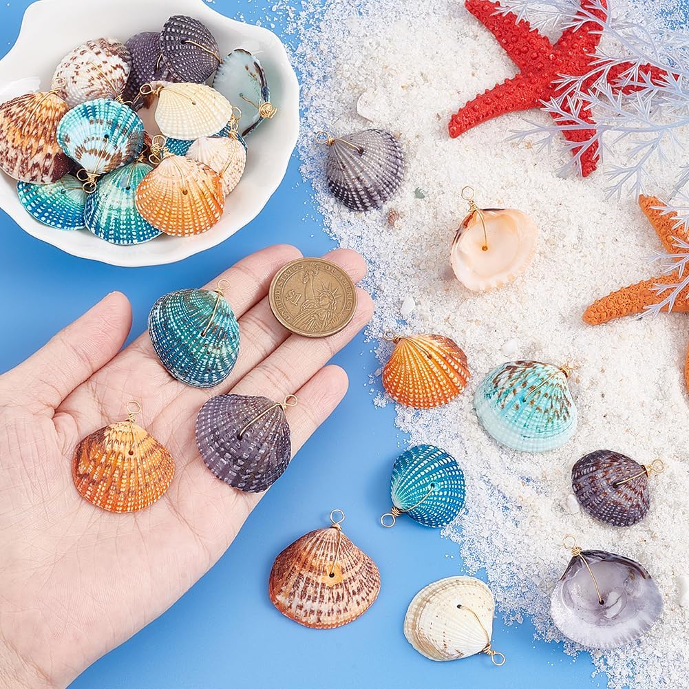 PH PandaHall 32pcs Natural Shell Pendants, 4 Colors Scallop Pendants Dyed Beach Seashells Charms Dyed Summer Sea Shell Charm Pendant Wrapped with Golden Copper Wire for Bracelets Jewelry DIY Crafts Making - Image 5
