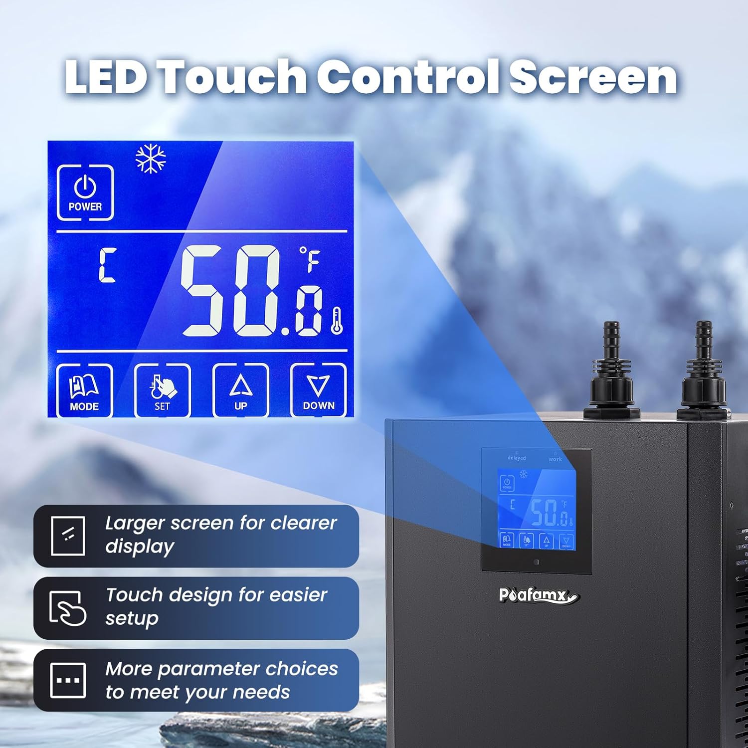 Close-up of the Poafamx Water Chiller's LED touch control screen, showing temperature display and control buttons.