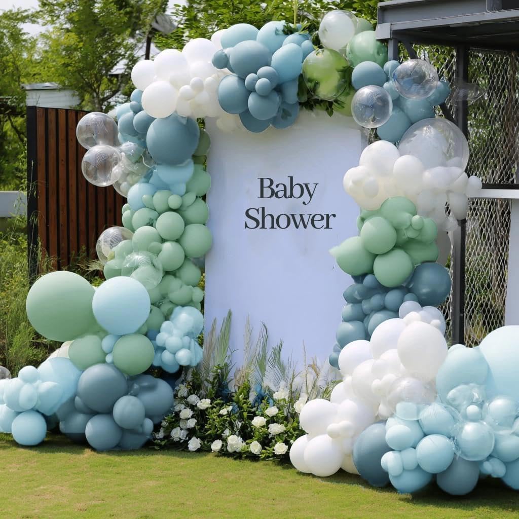 Green Blue White Balloon Garland Double Stuffed Sage Green Dusty Blue White Sand Different Sizes 18In 12In 5In Balloon Arch Kit For Baby Shower Gender Reveal Birthday Party Decorations