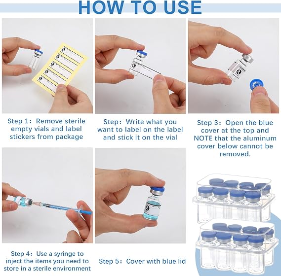 Threlaco 20 Pcs 2ml Sealed Sterile Empty Vials with Self Healing Injection Port Glass Penicillin Bottle with 20 Label Stickers(Blue)