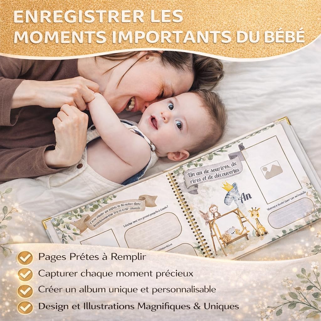 Cadeau de Naissance Bébé – Livre de Naissance Premium avec Album Tissu Sensoriel & Kit Empreintes | Coffret Souvenirs Bébé Fille et Garçon (0-5 ans)