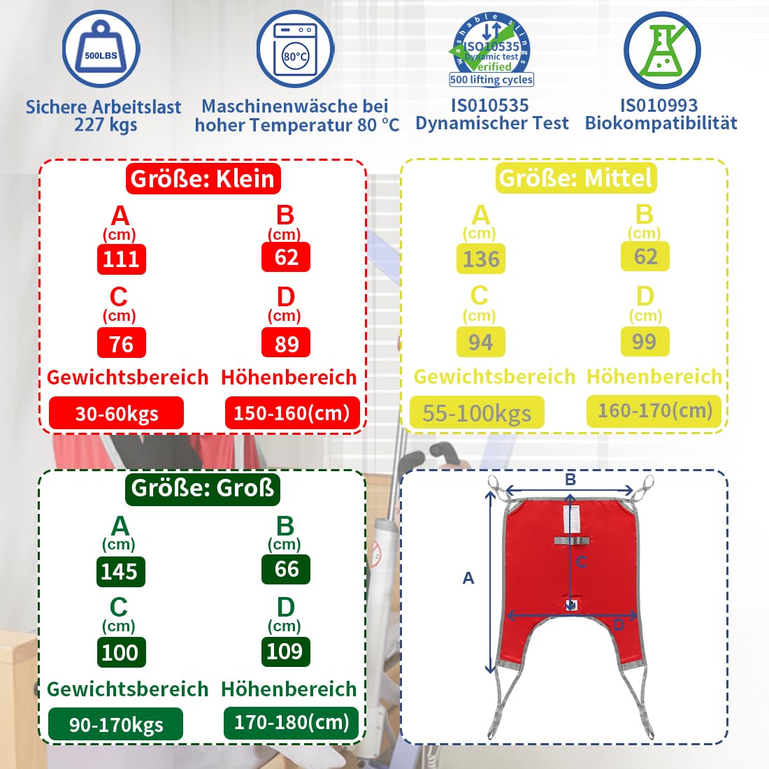 EZ Assistive Patientenlift Sling mit geteiltem Bein und unterem Rücken,Hebegurt für Transfer, Positionierung und Heben, 227kgs Tragkraft (Rot, Mittlere Größe)