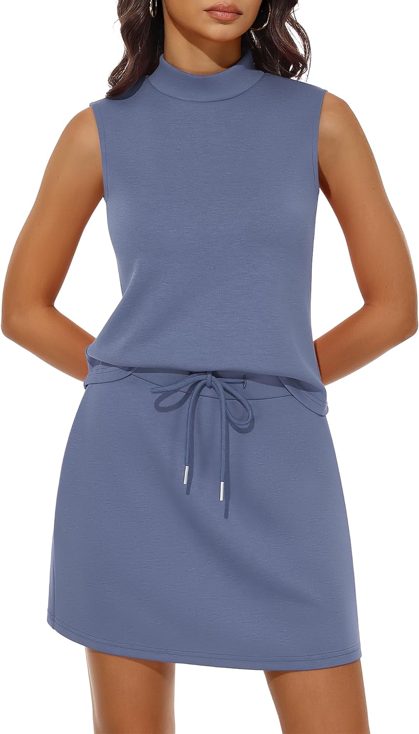 OLCHEE Womens Two Piece Skirt Sets Summer Casual Vacation Outfits Mock Neck Sleeveless Tennis Skorts Matching Lounge Set