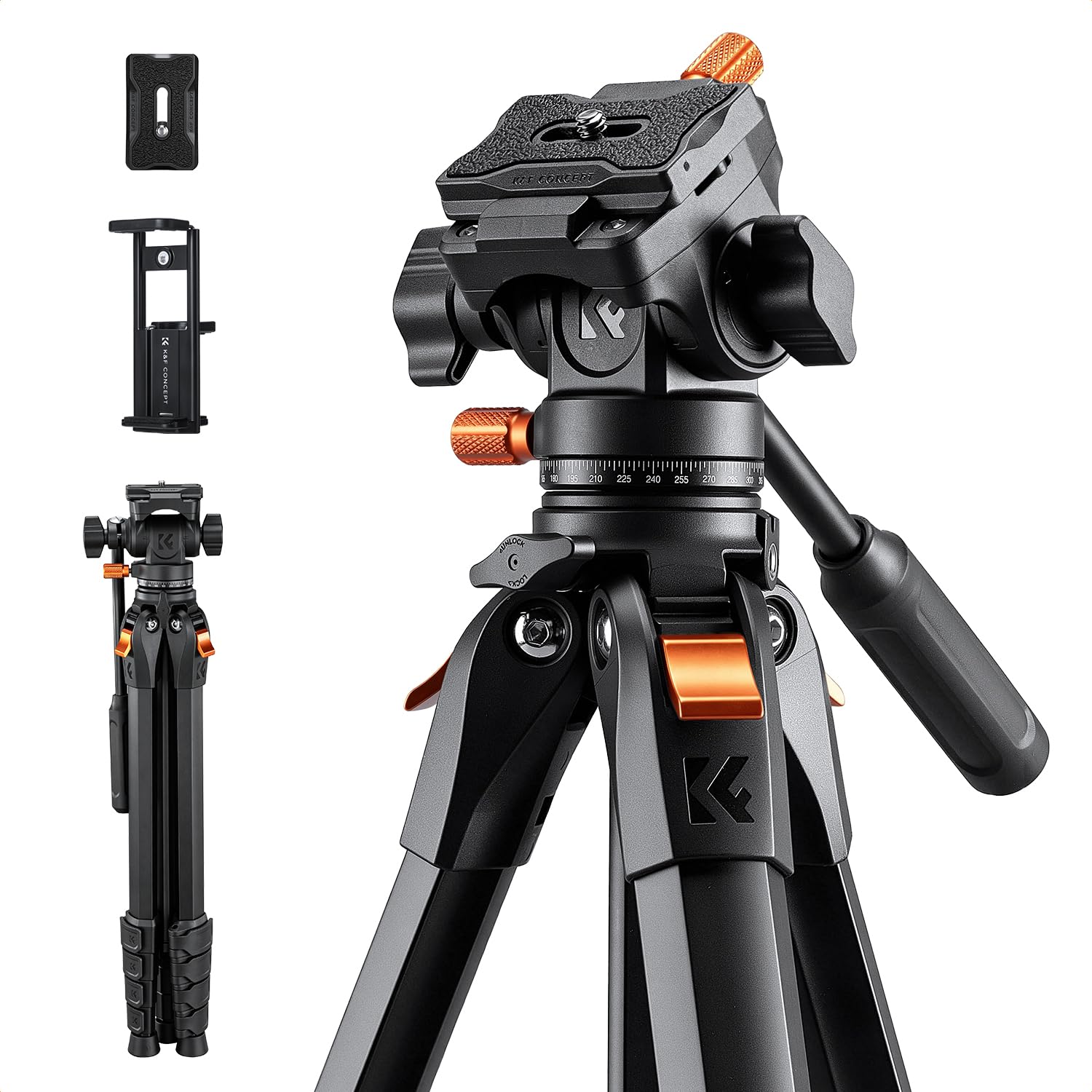 K&F CONCEPT Kamera Stativ Handy Stativ | Tripod für Smartphone mit Handy Tablet Halterung, Aluminium Reisestativ, Vorwärtsklappbar, 10KG+162CM A305A1+FH-04