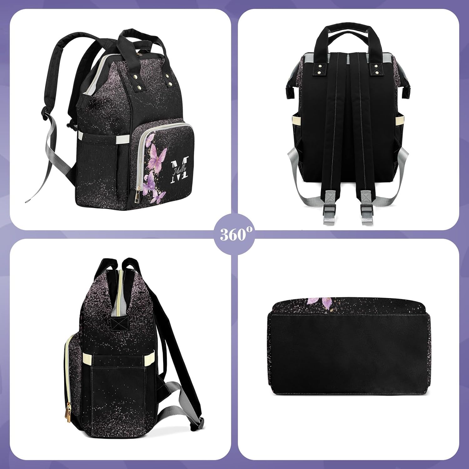 Customizable Large Capacity Diaper Bag Personalized Name, Waterproof Multi-Function Mommy Bag with Thermal Pockets for Girls and Boys-butterfly