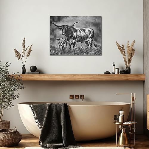 YETHEN WAL Black and White Longhorn Cow & Calf Canvas