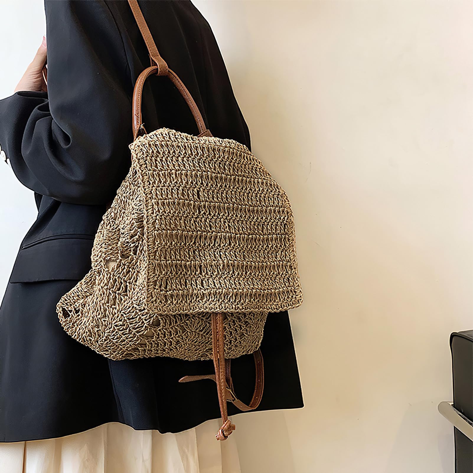 Mochila pequeña de paja para mujer, estilo bohemio, con cordón, hecha a mano, para playa, hombro, mochila de verano