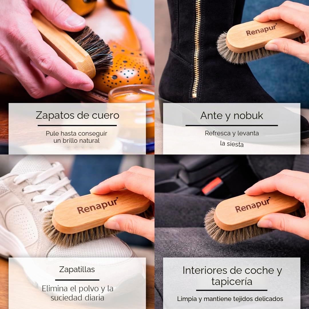 Cepillo Renapur de Crin de Caballo - Cerdas Súper Suaves con Mango Ergonómico de Madera, Pulir Cuero y Limpiar Zapatos/Botas de Ante o Tela.