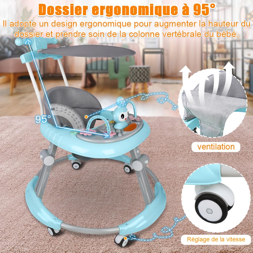 3 en 1 Trotteur pliable pour bébé,5 Hauteur réglable,Roues à 360°,Station de jeu musicale,Centre de jeu de 6 à 18 mois,Plateau Repas et Plateau d'activités Musical Amovible (Bleu-70 * 70 * 91cm)