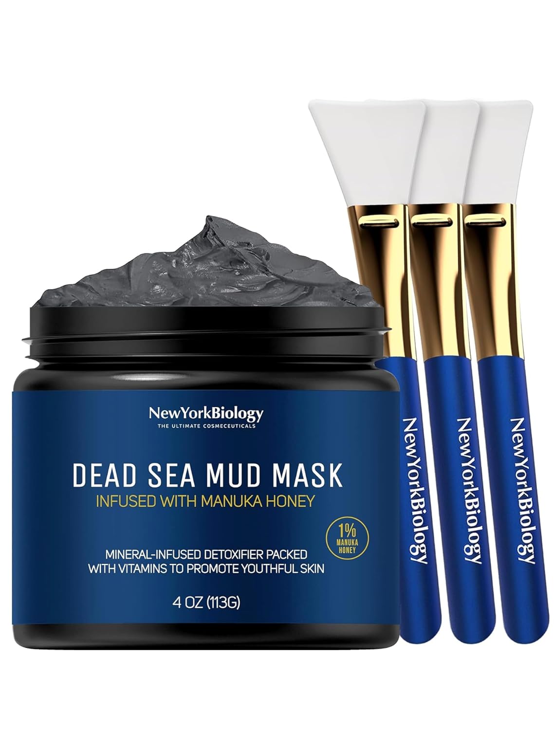 New York Biology Dead Sea Mud Mask for Face and Body with Manuka Honey with 3 pcs Face Mask Brush Applicators - Spa Quality Pore Reducer for Acne, Blackheads and Oily Skin
