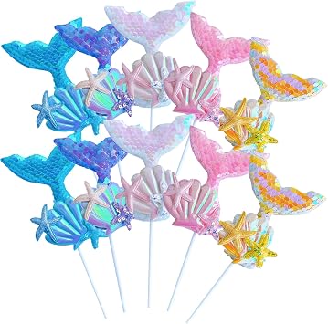 Mermaid Party Cupcake Toppers, 10pcs Glitter Sequin Mermaid Tail Starfish Shell Cake Decorations Under The Sea Birthday Party Favors Cupcake Decor Supplies