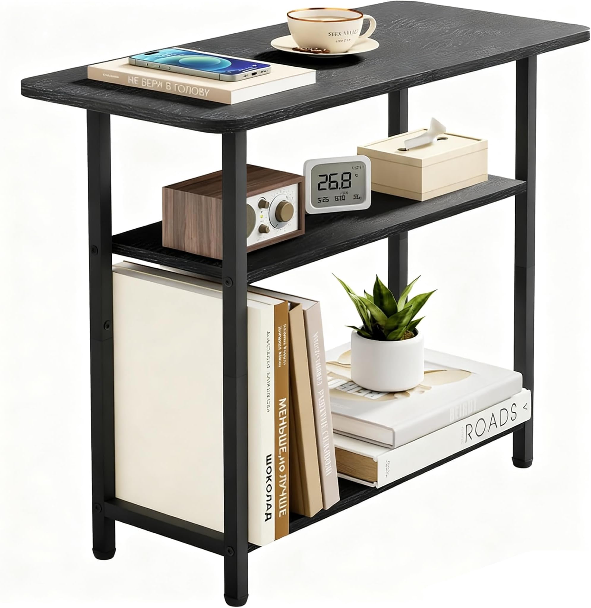 MISSLO Living Room Side Table, 3-Tier Small Table with Wide Storage Tabletop and Steel Frame, Slim End Table for Small Space, Narrow Nightstand for Bedside, Sofa, Couch, Bedroom, Black