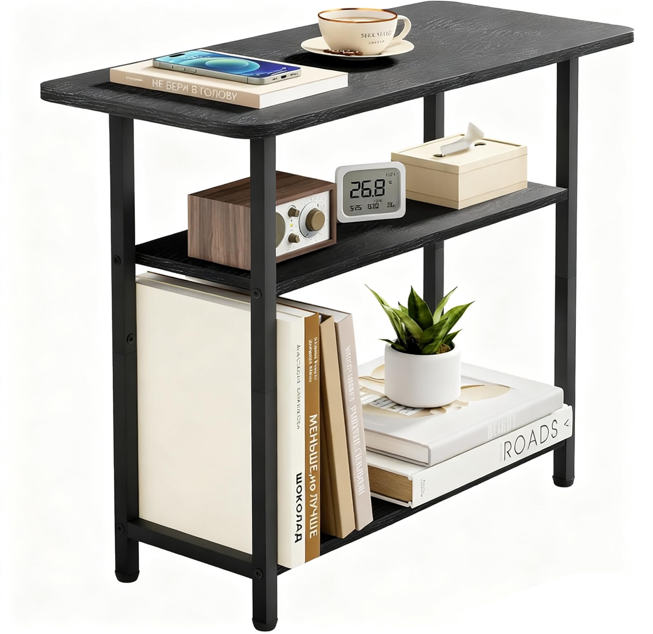 Living Room Side Table, 3-Tier Small Table with Wide Storage Tabletop and Steel Frame, Slim End Table for Small Space, Narrow Nightstand for Bedside, Sofa, Couch, Bedroom, Black