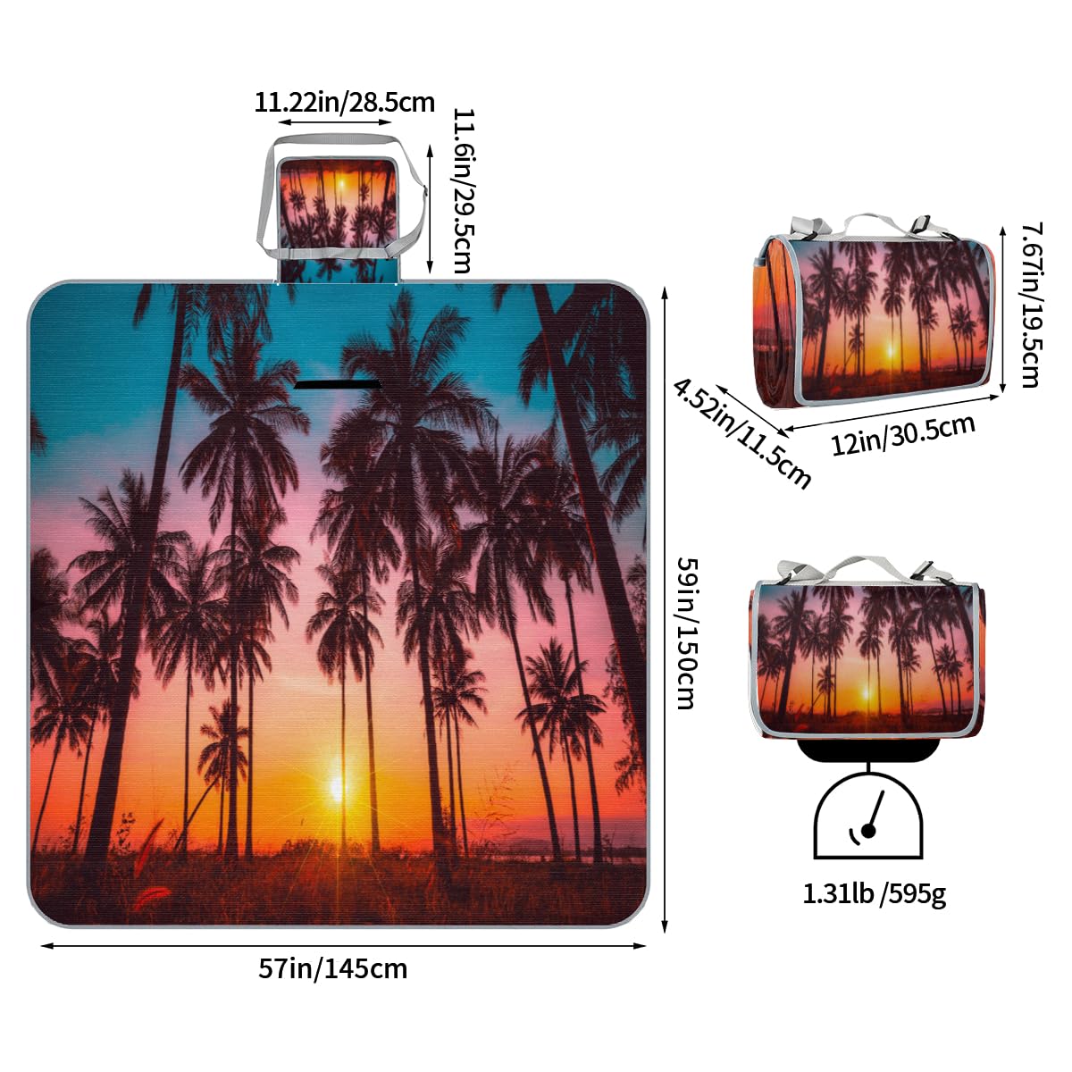 Shimoshe Picnic Blankets 57”x 59”, Summer Palm Tree Waterproof Sandproof Picnic Mat Lightweight Foldable Beach Blanket for Camping Park Grass Beach Outdoor Blanket A1