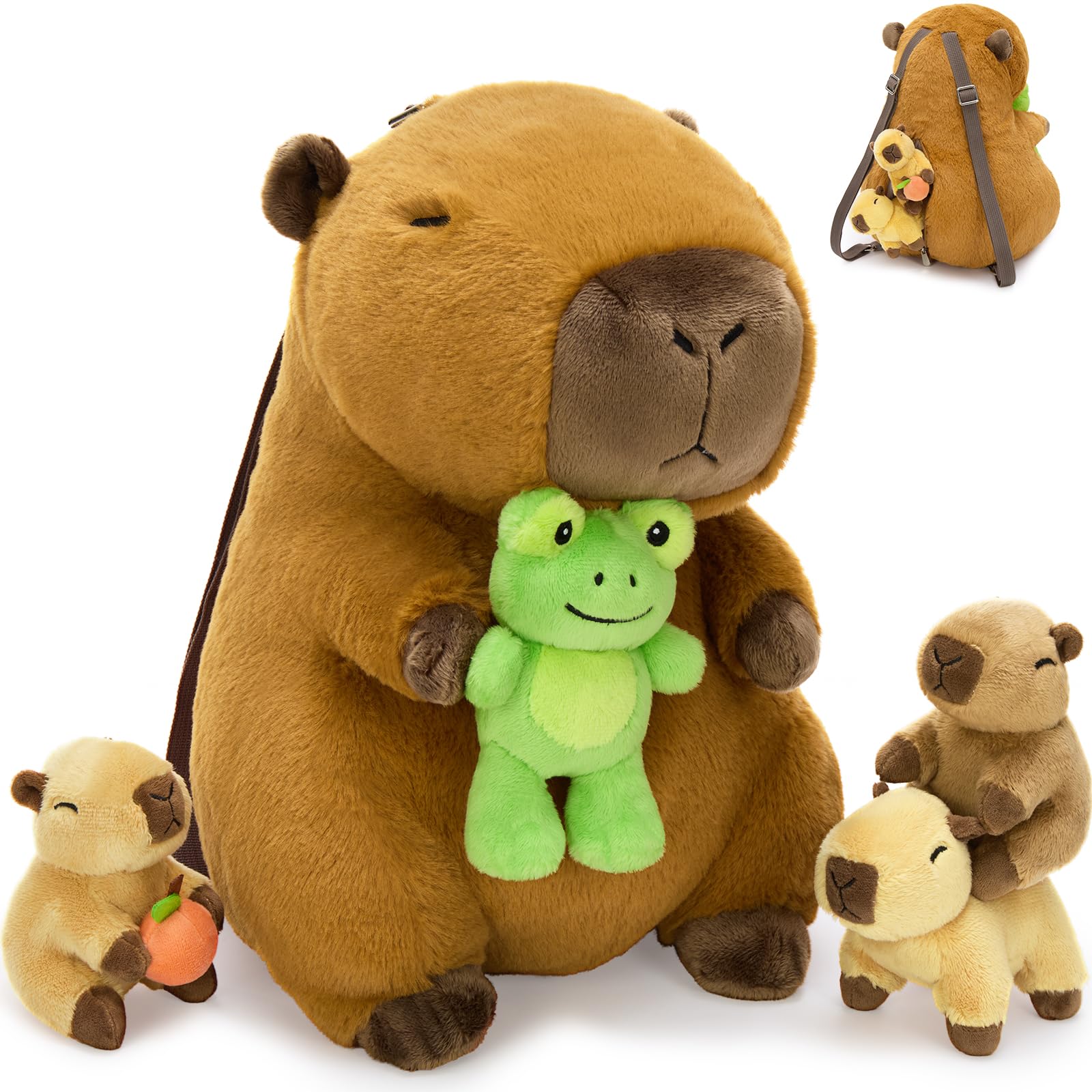 MaoGoLan 35cm Capybara Plush Toy, Mommy Capybara Holding 1 Frog & 2 Baby Capybaras Inside, Cute Stuffed Toy Gift for Kids Boys Girls, Birthday Party Decorations