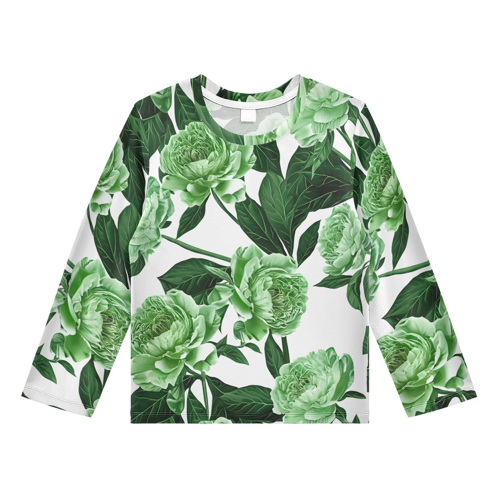 DOMIKING Peony Flower Foliage White Boys Long Sleeve Rashguard Shirt Kids Quick Dry Swim Shirt for Kids Toddlers 9-10T