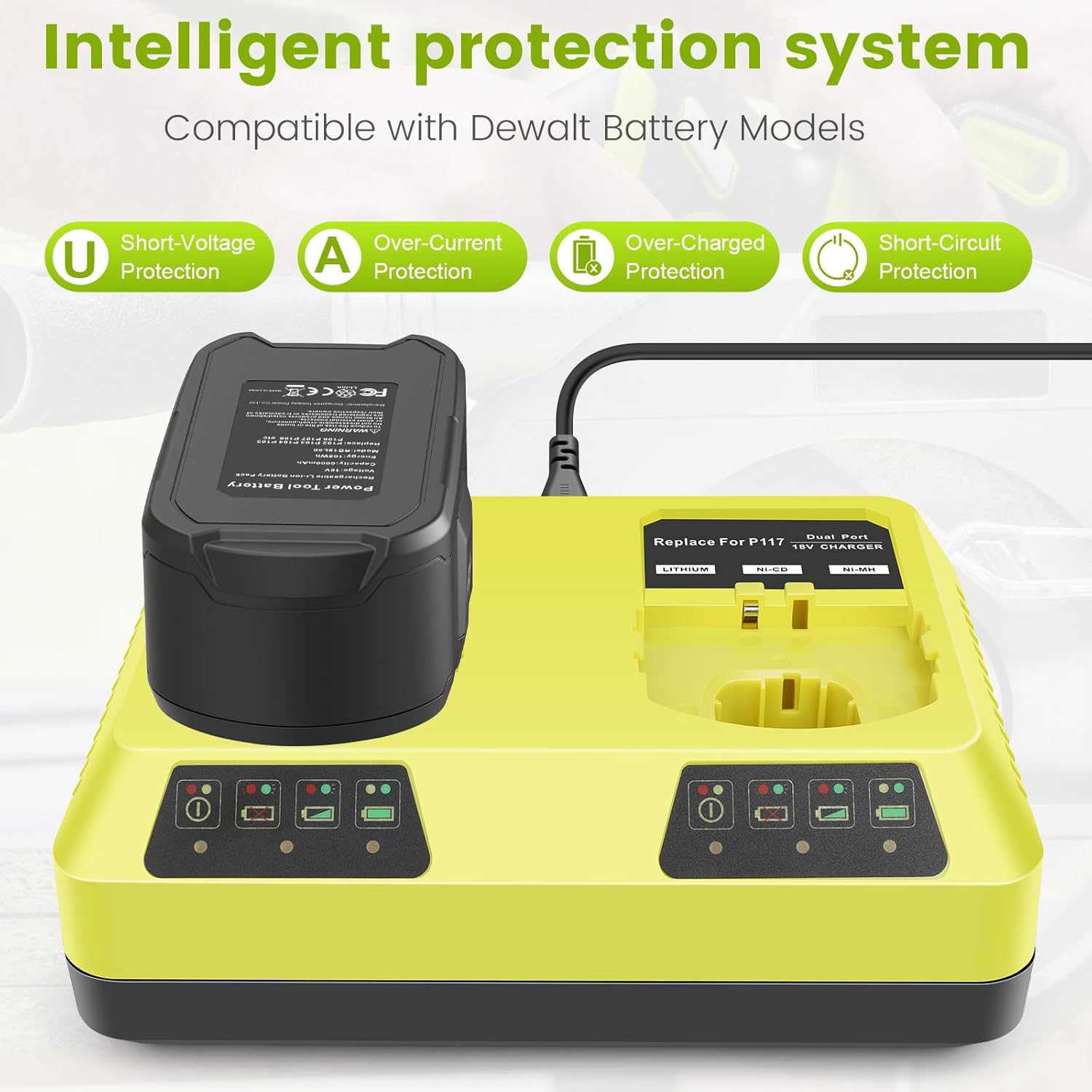 Dual Charging Port P117 Quick Charger (Multi-Chemistry) for Ryobi 12V-18V ONE+ NiCd/NiMh/Lithium Tools Battery Charging Station fit P100 P102 P103 P105 P107 P108 P122 P189 P191 P197 - Image 2