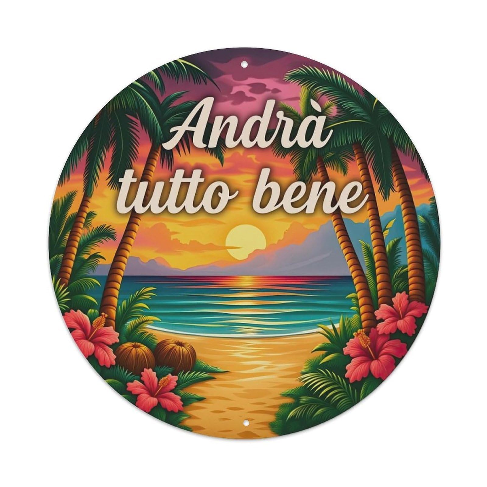 Tropical Sunset Beach Palm Flowers Metal Tin Sign