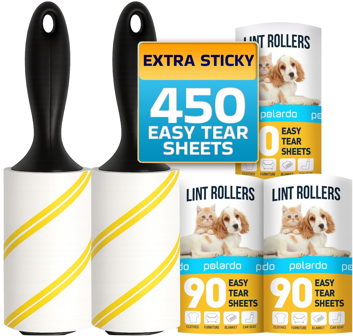 Lint Rollers for Pet Hair, Sticky, Remover for Couch, Clothes Furniture and Carpet. Lint Roller Dog Hair Remover Cat Hair, Animal Hair, Pet Fur, Fuzz. 5 Large Pet Hair Lint Rollers White