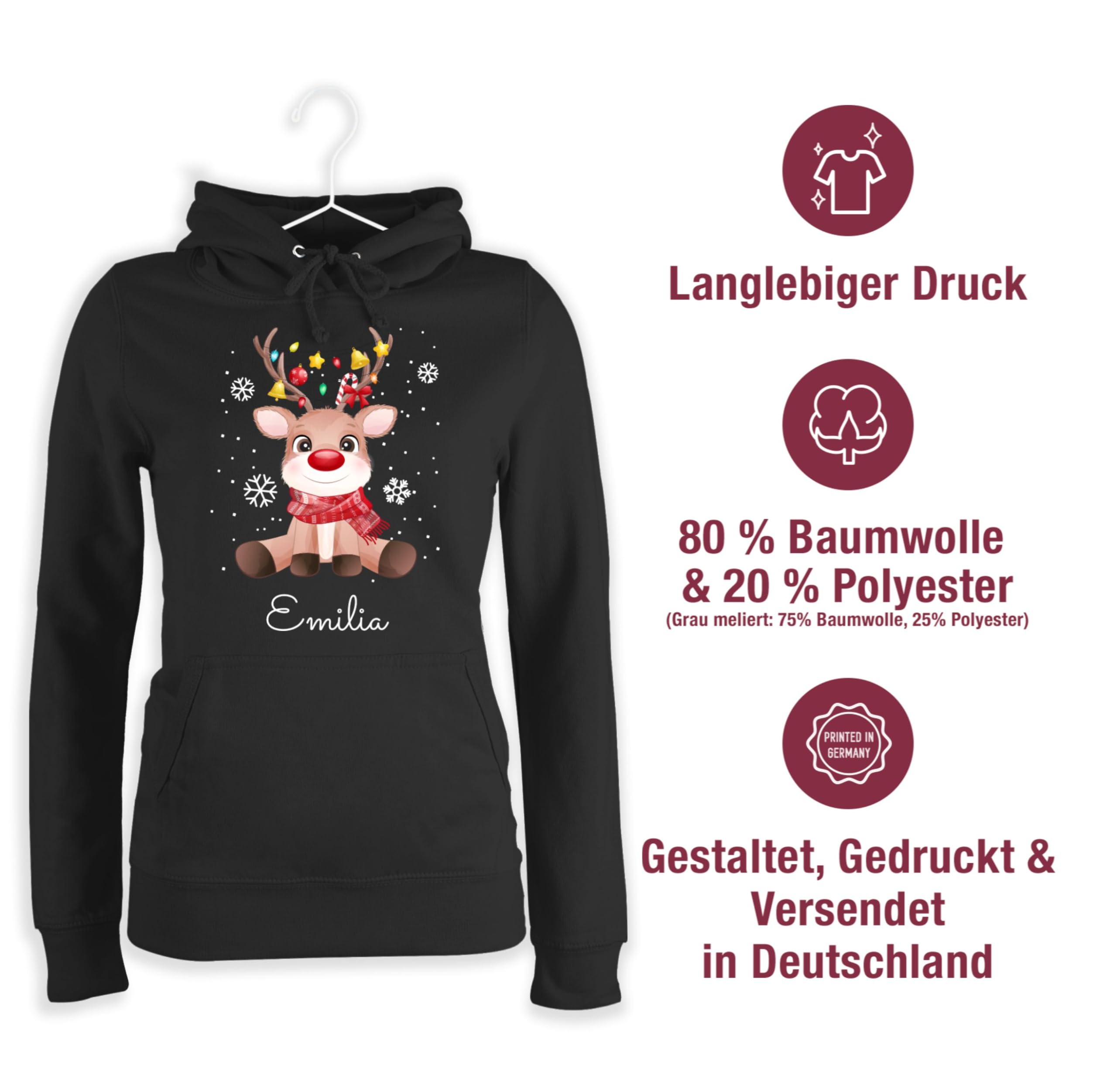 Geschenk mit Namen personalisiert by Shirtracer - Pullover Damen Hoodie Frauen - Süßes Rentier mit Name Wunschtext I Geschenk Rentier Weihnachten I Rudolph Reindeer Rudolf