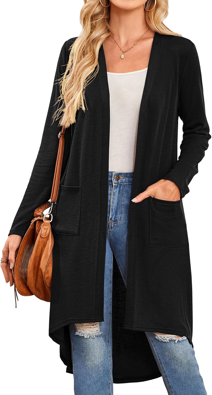 Bluetime Women Open Front Long Cardigan Lightweight Long Sleeve High Low Hem Maxi Duster with Pockets (S-3XL)