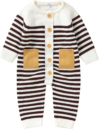 Yoawdats Toddler Baby Girl Boy Stripe Knit Sweater Romper Round Neck Long Sleeve Jumpsuit Fall Winter Warm Clothes