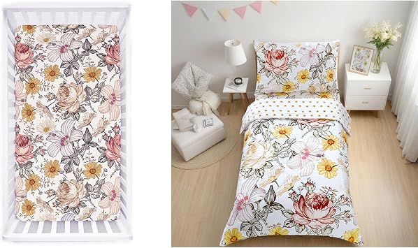 Toddler Bedding Set for Girls Boys, 4 Piece Toddler Comforter Bed Sets, Crib Sheet Jersey Cotton, Fitted Cotton Baby & Toddler Universal Crib Sheets