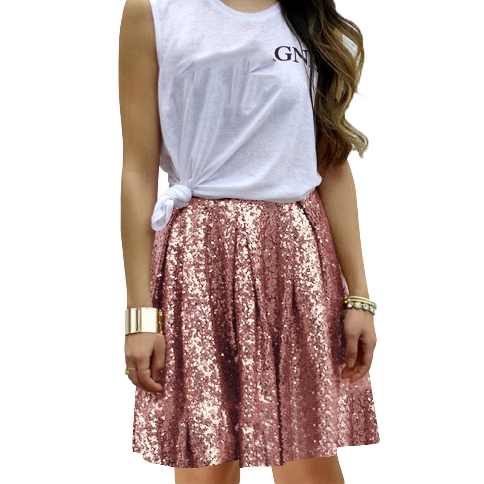 Gonna a pieghe da donna, elegante, tinta unita, stile vintage, con paillettes