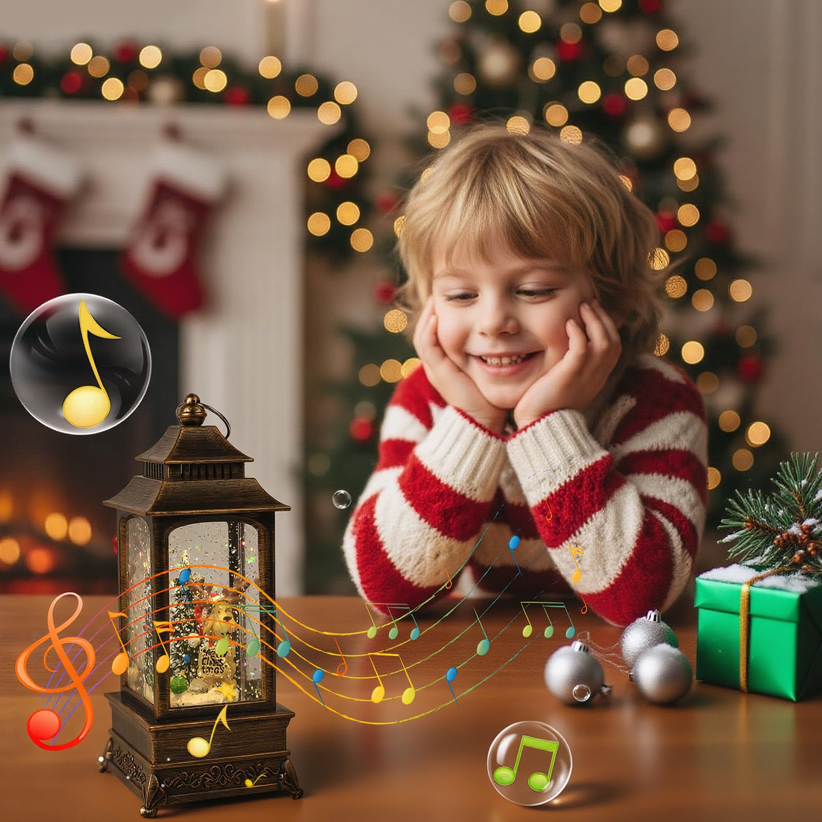 Gerbala Weihnachts Schneekugel Laterne, Schneekugel Weihnachten mit Musik, Weihnachts Schneelaterne, Leuchtend, USB/Batteriebetrieb, Laterne Weihnachten für Weihnachtsdeko und Geschenk-02