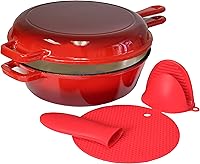 Vista 2 de Sartén esmaltada de hierro fundido 2 en 1 de 3 cuartos de galón con tapa de parrilla, color rojo, sirve como cacerola y sartén de estufa