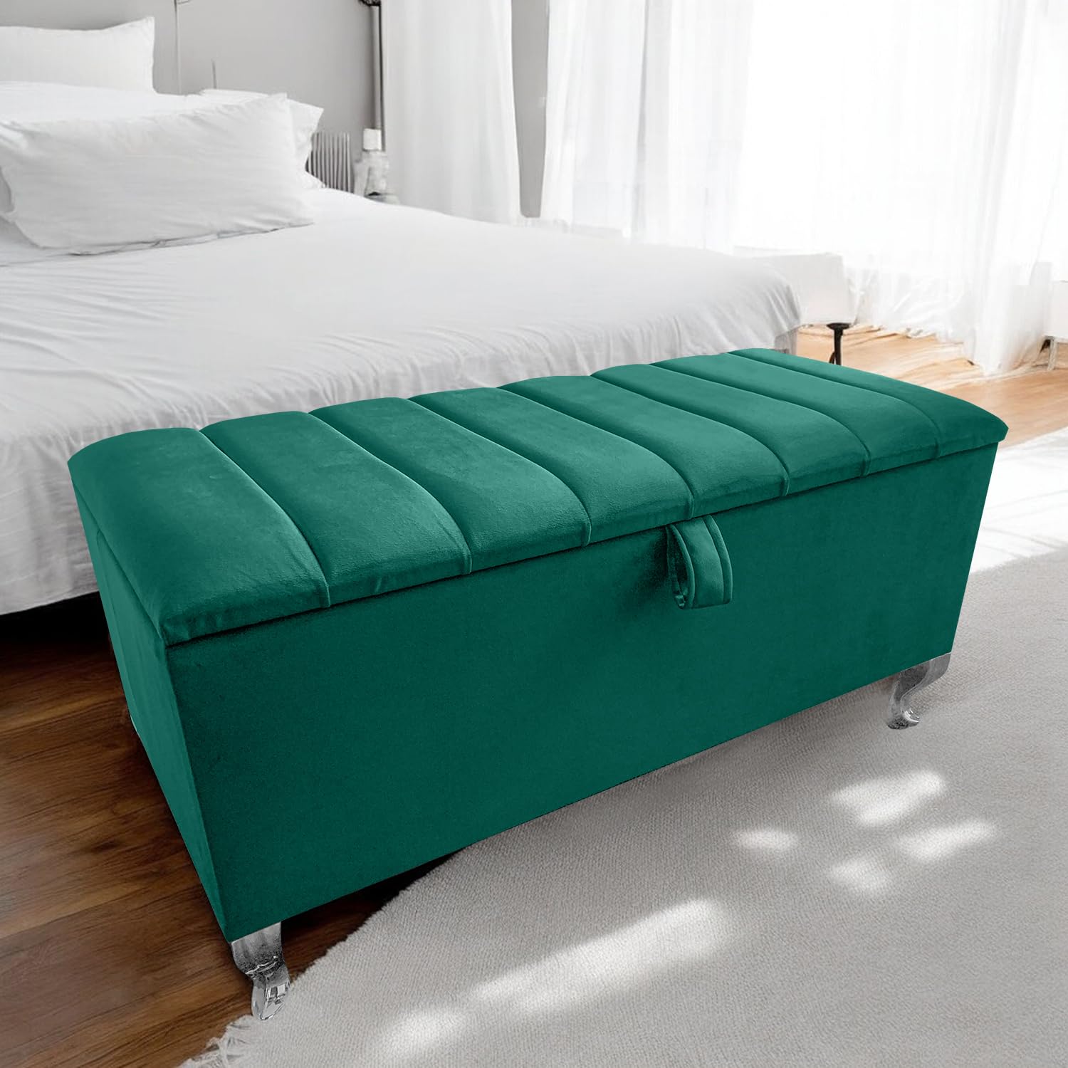 Harveys Living 102cm Panel Velvet Storage Ottoman, Silver Legs, Silver Legs, Green
