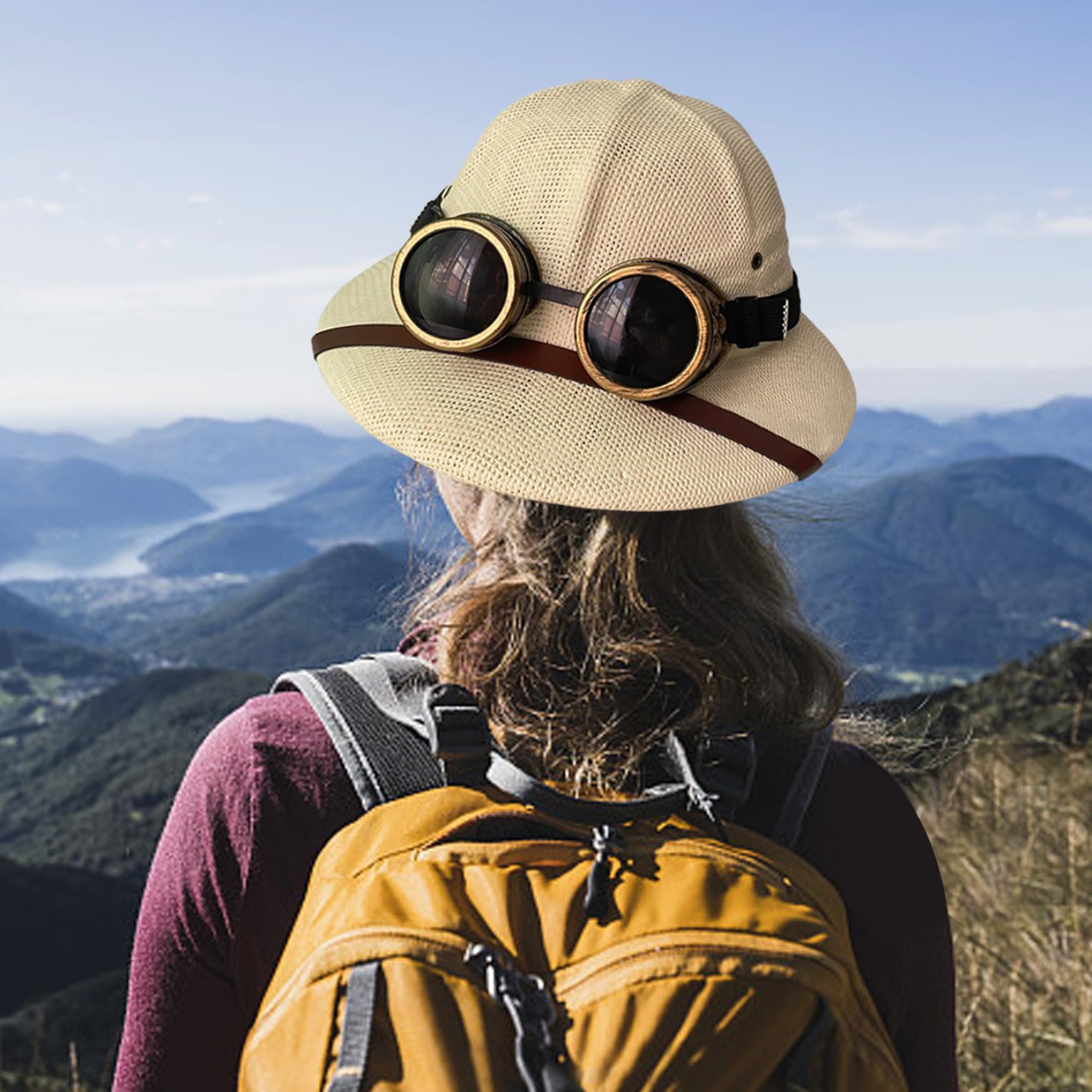 Casco classico a tesa larga con occhiali protettivi - Protezione UV Cappello di paglia estivo leggero regolabile per uomo Spiagge Parchi Campeggio Escursionismo