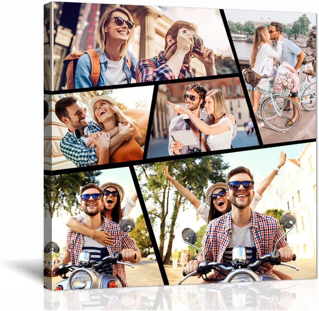 Custom Your Photos on Canvas Personalized Wall Art Prints Family Wedding Baby Pet Picture Multi Photo Collage Idea Gift for Home Decor (Collage Photo-14, 10"x20"(25x50cm) Framed)