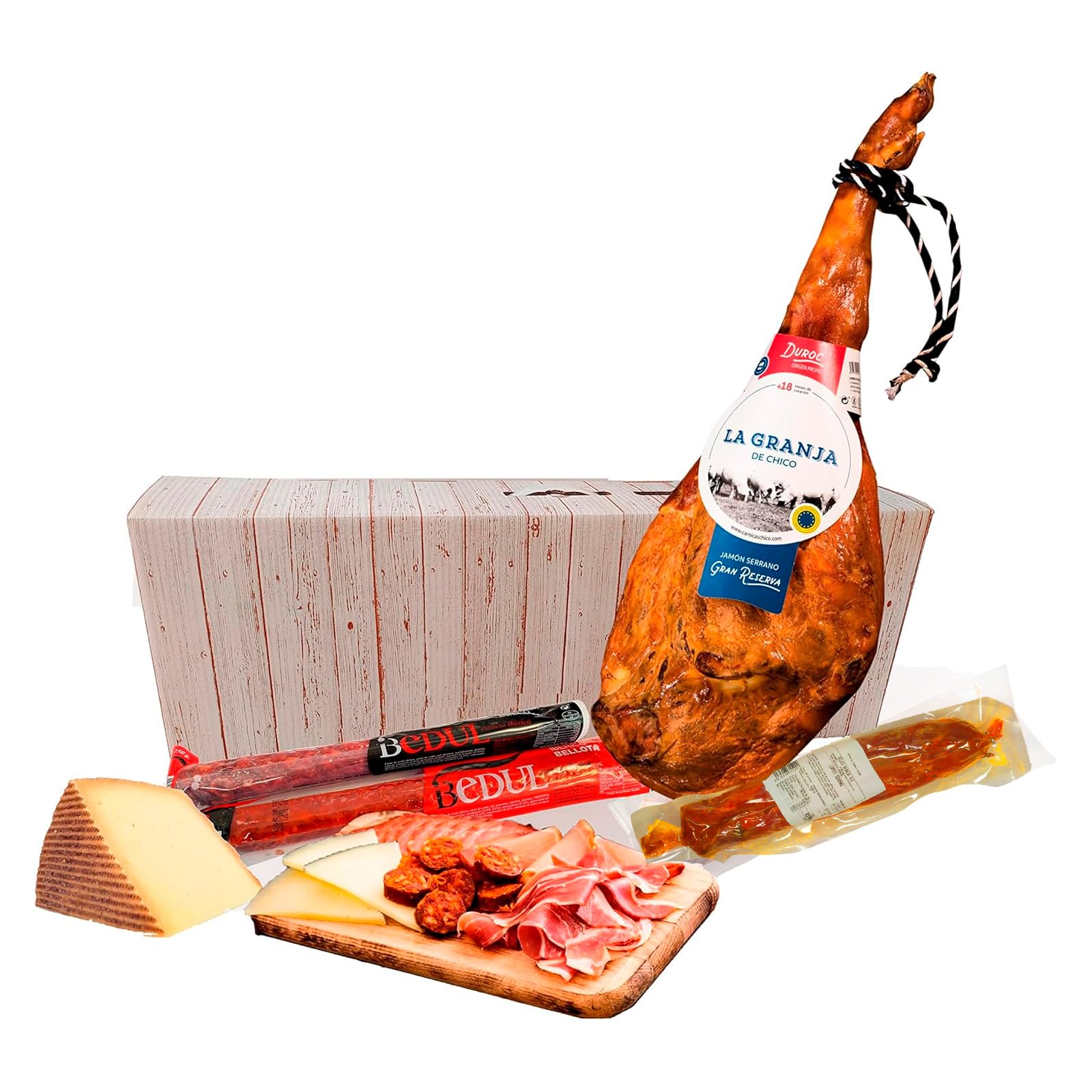 Lote de Navidad con jamón, salchichón y chorizo ibérico de bellota, lomo curado (en mitad), cuña de queso y jamón gran reserva duroc