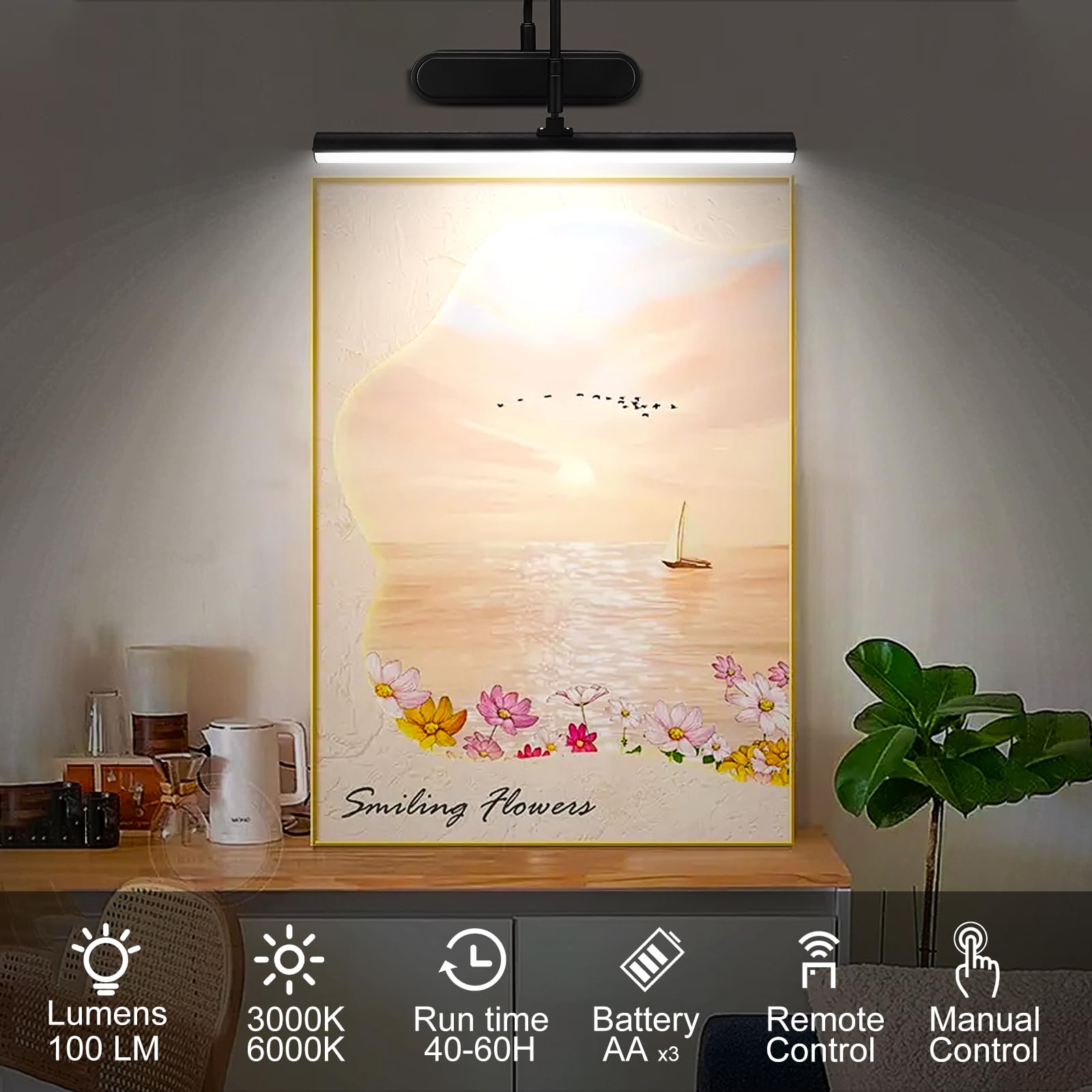 HEAGEERO Picture Light Battery Operated, Timer and Dimmable Wireless Accent Light?Metal Picture Light for Wall, Remote Picture Light for Display, Art,Dartbord-Black.