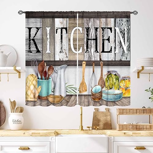Miniatura 37 de Cortinas Rústicas de Cocina, Tenedor Cuchara Retro Tablón de Madera Granja País Tema de Cocina Citas Divertidas Tratamiento de Ventana para