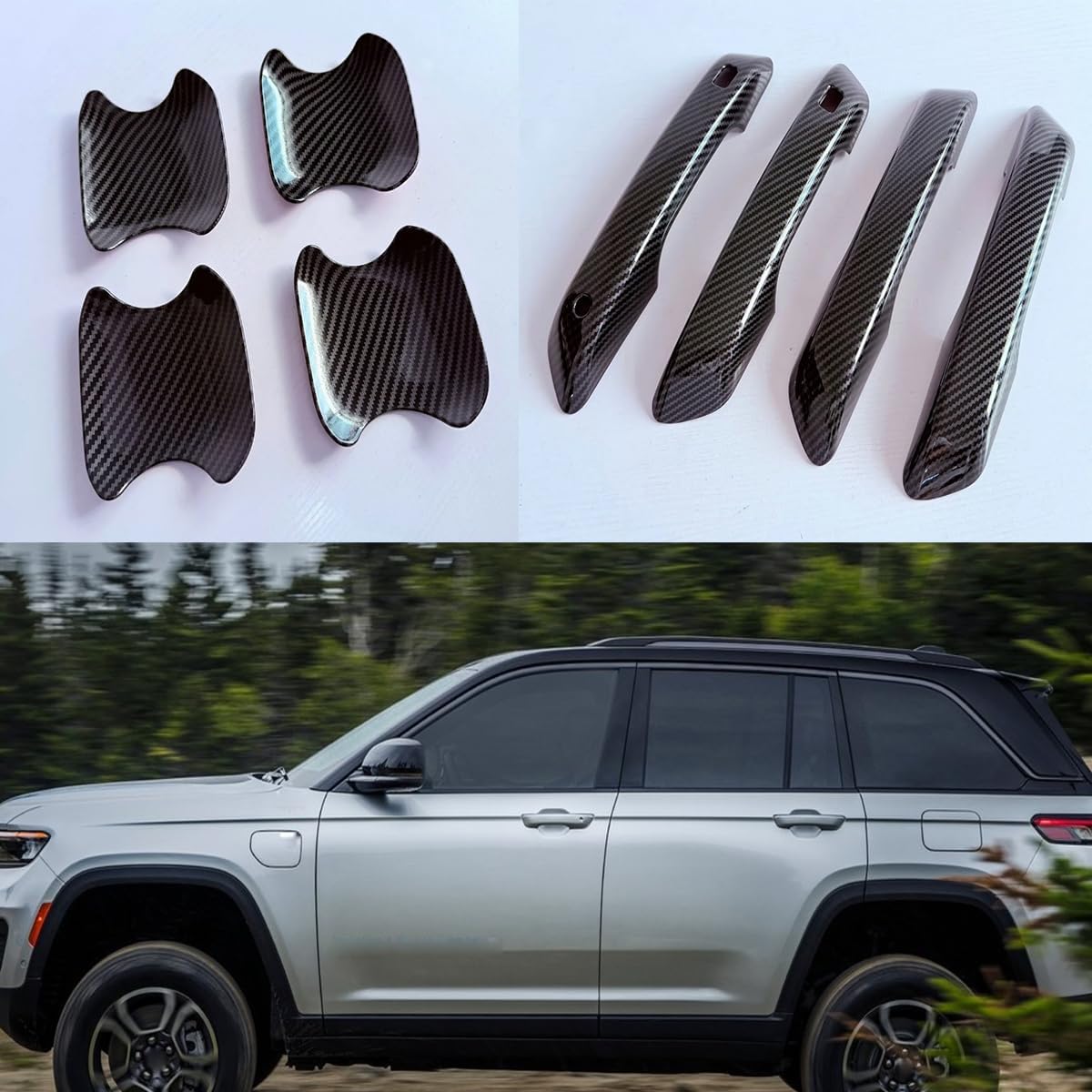Carbon Fiber Style 4 Door Side Door Handle Molding Cover and Cup Bowl Combo Trim Emblems Compatible for Jeep Grand Cherokee 2022-2025