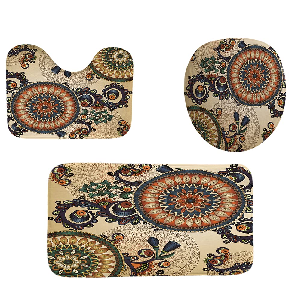 Boho Duschvorhang Set 4-teilig – Inkl. Vorhang (180x180 Cm), Badematte, WC-Deckel & U-Teppich, Wasserdicht